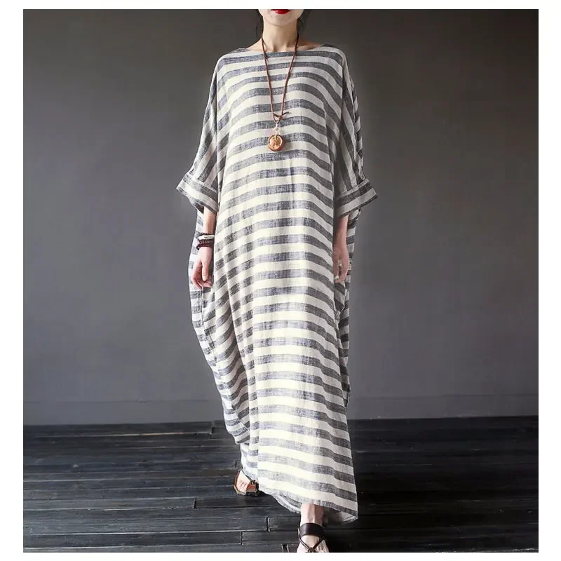Vintage Old Cotton Linen Striped Gown Art Loose Oversized Dress 2022 New Autumn Round Neck 7-point Sleeve Casual Women's Dress
Vintage Old Cotton Linen Striped Gown Art Loose Oversized Dress 2022 New Autumn Round Neck 7-point Sleeve Casual Women's Dress