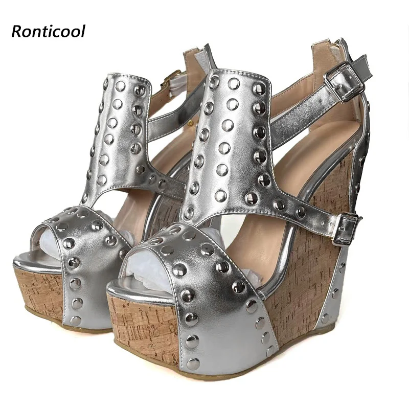 Ronticool женские летние сандалии ручной работы, пикантные заклепки на танкетке, высокие каблуки с открытым носком, красивые золотые женские туфли для вечеринок, размер США 5-20
Ronticool женские летние сандалии ручной работы, пикантные заклепки на танкетке, высокие каблуки с открытым носком, красивые золотые женские туфли для вечеринок, размер США 5-20