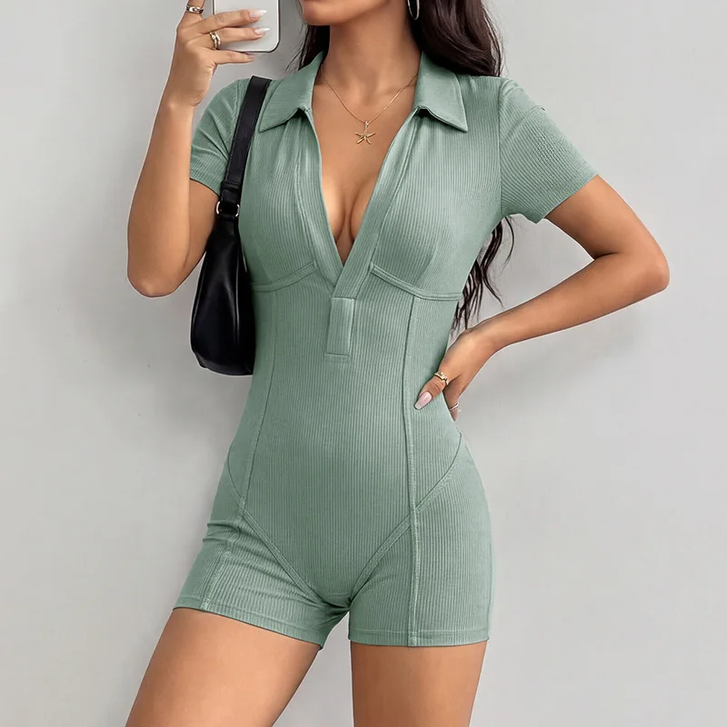Women Ribbed Bodysuits Rompers Lapel Short Sleeve Streetwear Yoga Fitness One Piece Suits Ladies Playsuits Jumpsuit Short Pants
Women Ribbed Bodysuits Rompers Lapel Short Sleeve Streetwear Yoga Fitness One Piece Suits Ladies Playsuits Jumpsuit Short Pants