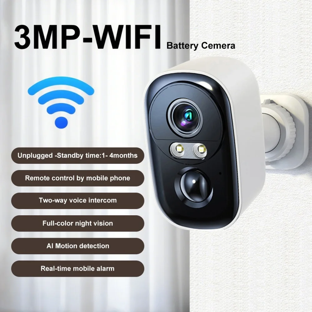 3-мегапиксельная беспроводная IP-камера с аккумулятором, умная камера видеонаблюдения, гуманоидная камера обнаружения движения, монитор с длительным режимом ожидания
3-мегапиксельная беспроводная IP-камера с аккумулятором, умная камера видеонаблюдения, гуманоидная камера обнаружения движения, монитор с длительным режимом ожидания