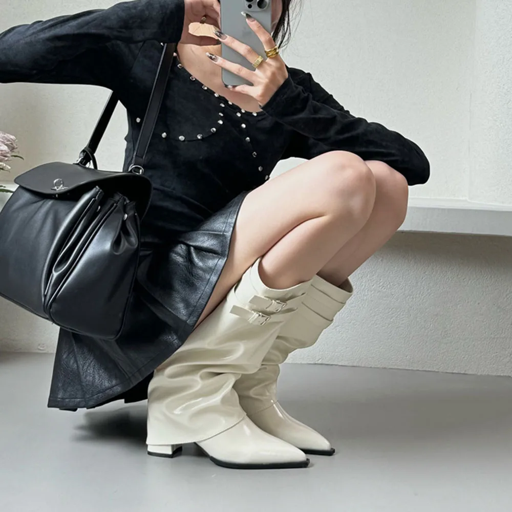 RIBETRINI Brand New Pointed Toe Fold Out Boots For Woman Metal Buckle Chunky High Heel Shoes INS Fashion Autumn Winter Boots
RIBETRINI Brand New Pointed Toe Fold Out Boots For Woman Metal Buckle Chunky High Heel Shoes INS Fashion Autumn Winter Boots