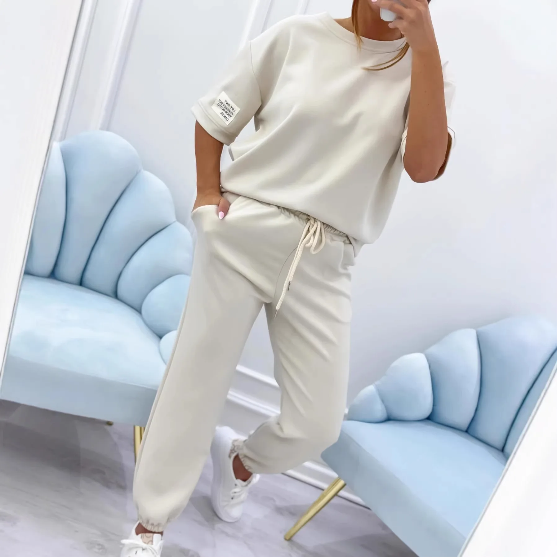 Women Pant Set Two Piece Sets Half Sleeve Round Neck Shirt Sport Jogger Pants Lace Up Elastic Waist Y2k Streetwear Work Casual
Women Pant Set Two Piece Sets Half Sleeve Round Neck Shirt Sport Jogger Pants Lace Up Elastic Waist Y2k Streetwear Work Casual