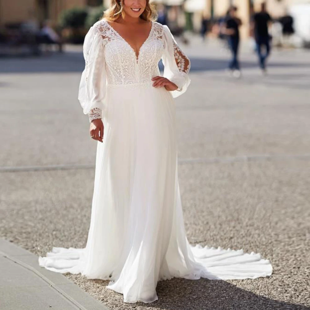 Customized Plunging Neckline Wedding Dress Lantern Sleeve A Line Chiffon vestidos de novia Appliques Plus Size robe de mariée
Customized Plunging Neckline Wedding Dress Lantern Sleeve A Line Chiffon vestidos de novia Appliques Plus Size robe de mariée
