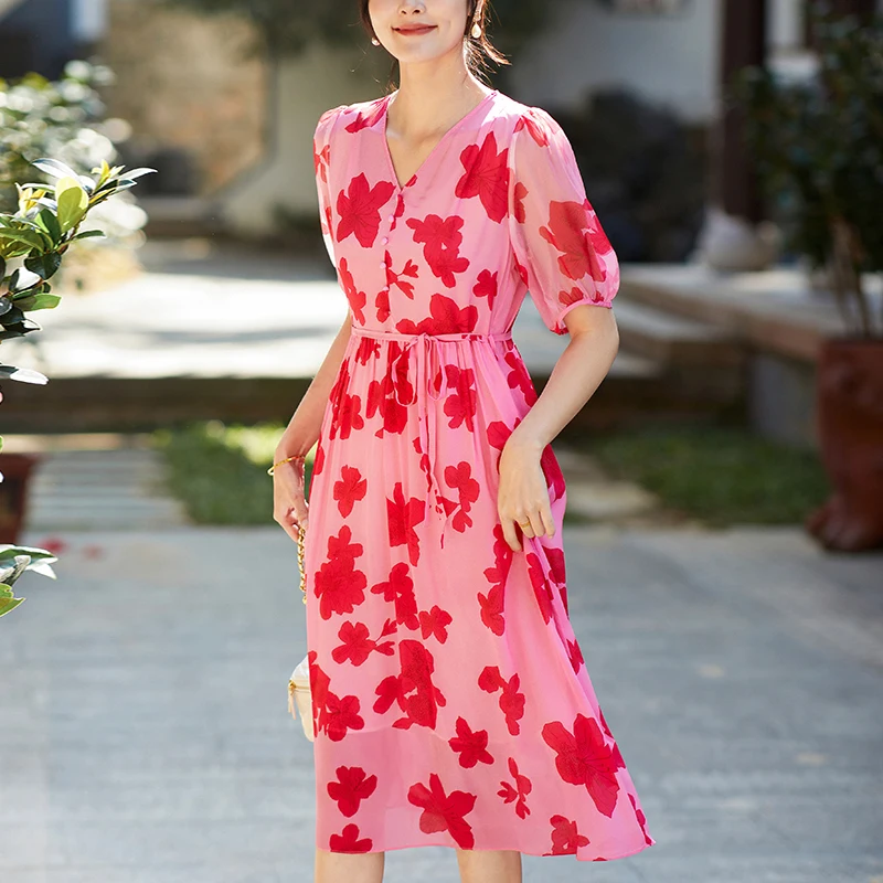 100% Real Silk Women's Long Dress 2024 Summer V-neck Elegant Dresses For Women Short Sleeve Woman Floral Print Dress A-line
100% Real Silk Women's Long Dress 2024 Summer V-neck Elegant Dresses For Women Short Sleeve Woman Floral Print Dress A-line