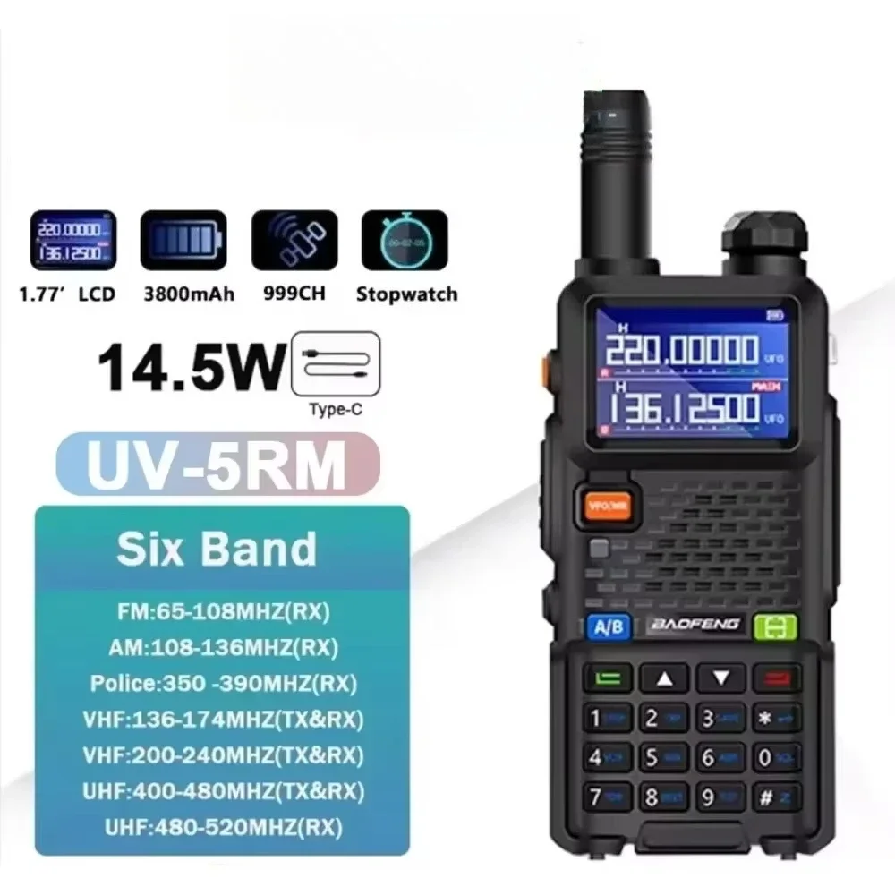 Baofeng UV-5RM Walkie Talkie 3800mAh Battery USB Type-C 14.5W Six Bands Wirless Copy Frequency 999 CH AM Ham Radio Update UV-5RH
Baofeng UV-5RM Walkie Talkie 3800mAh Battery USB Type-C 14.5W Six Bands Wirless Copy Frequency 999 CH AM Ham Radio Update UV-5RH