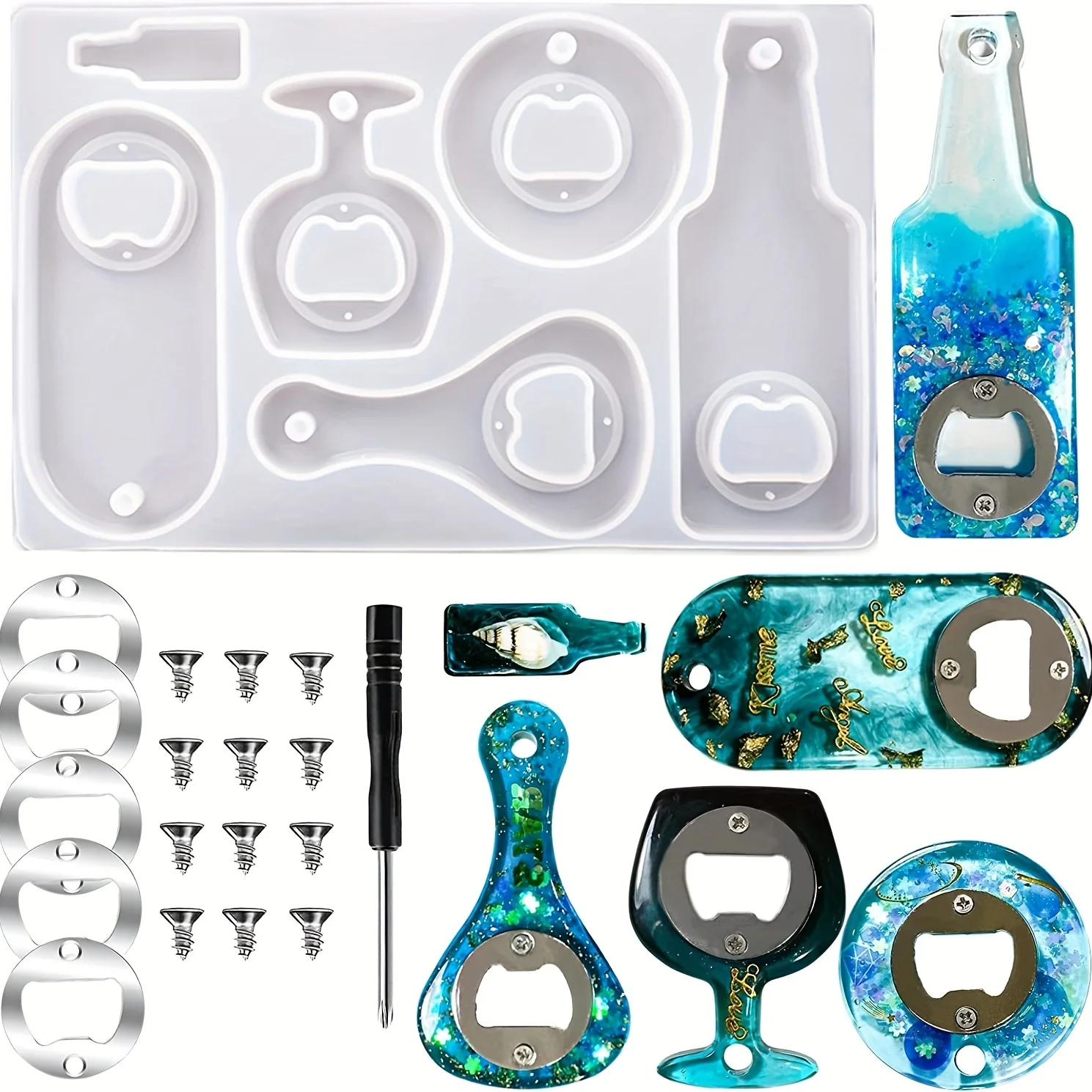 1 set of bottle opener resin mold kit, epoxy resin bottle opener silicone mold, DIY handicraft making tools 
1 set of bottle opener resin mold kit, epoxy resin bottle opener silicone mold, DIY handicraft making tools