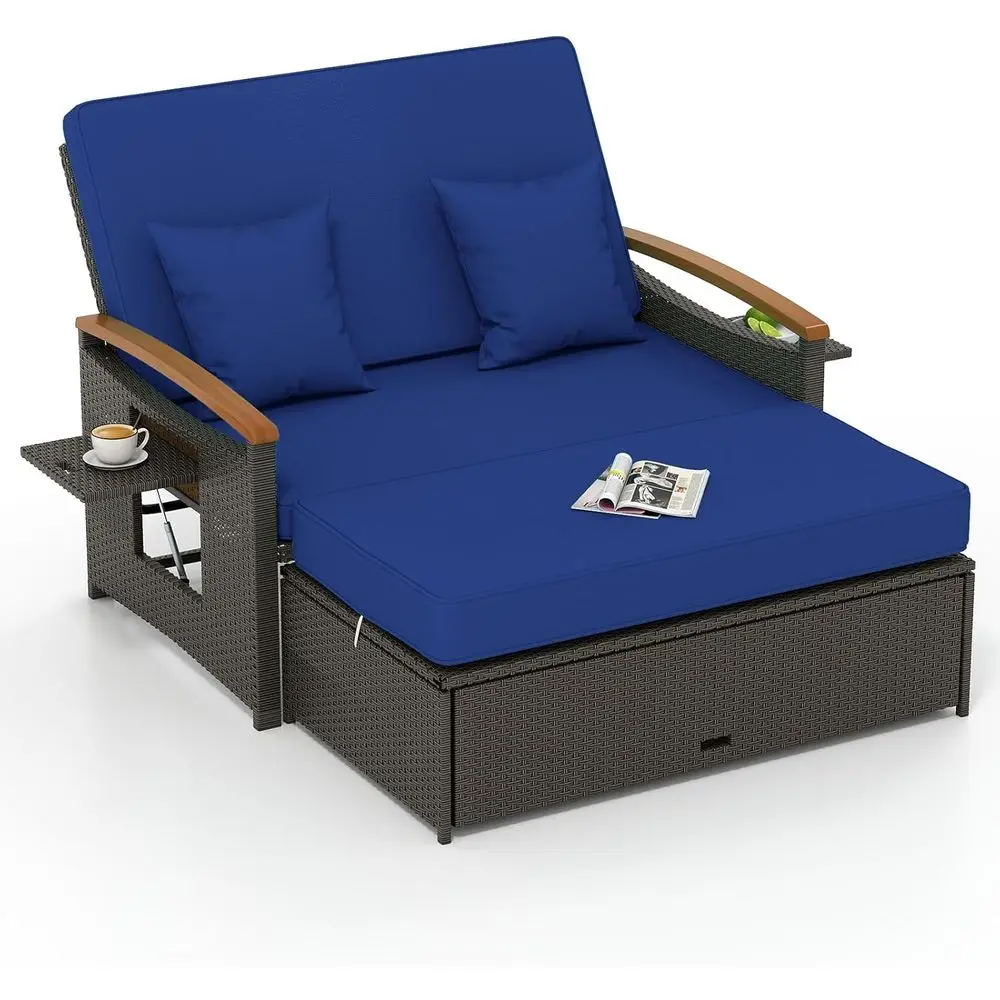 Синяя плетеная кушетка для улицы с регулируемой спинкой, подлокотниками из акации, оттоманкой для хранения и приставным столиком для патио, балкона
Синяя плетеная кушетка для улицы с регулируемой спинкой, подлокотниками из акации, оттоманкой для хранения и приставным столиком для патио, балкона