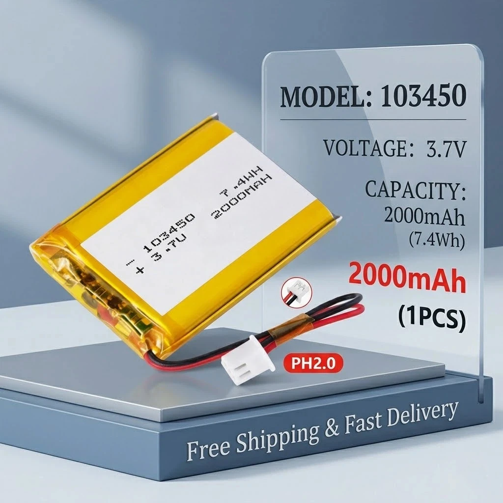 103450 3.7V 2000mAh Rechargeable Lithium Polymer Battery with JST PH 2.0mm 2Pin Plug for Camera GPS MP5 Bluetooth Headset
103450 3.7V 2000mAh Rechargeable Lithium Polymer Battery with JST PH 2.0mm 2Pin Plug for Camera GPS MP5 Bluetooth Headset