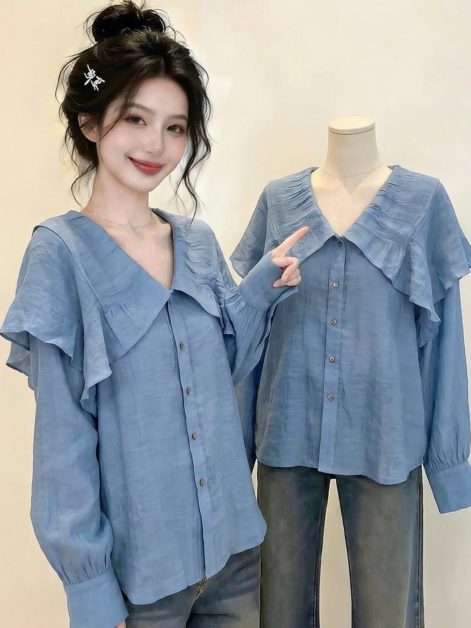 Elegant Blue Thin V-Neck Shoulder Shirt Women's Fashion Spring Summer New Large Size PP Unique Top Commute Style Korean Version
Elegant Blue Thin V-Neck Shoulder Shirt Women's Fashion Spring Summer New Large Size PP Unique Top Commute Style Korean Version