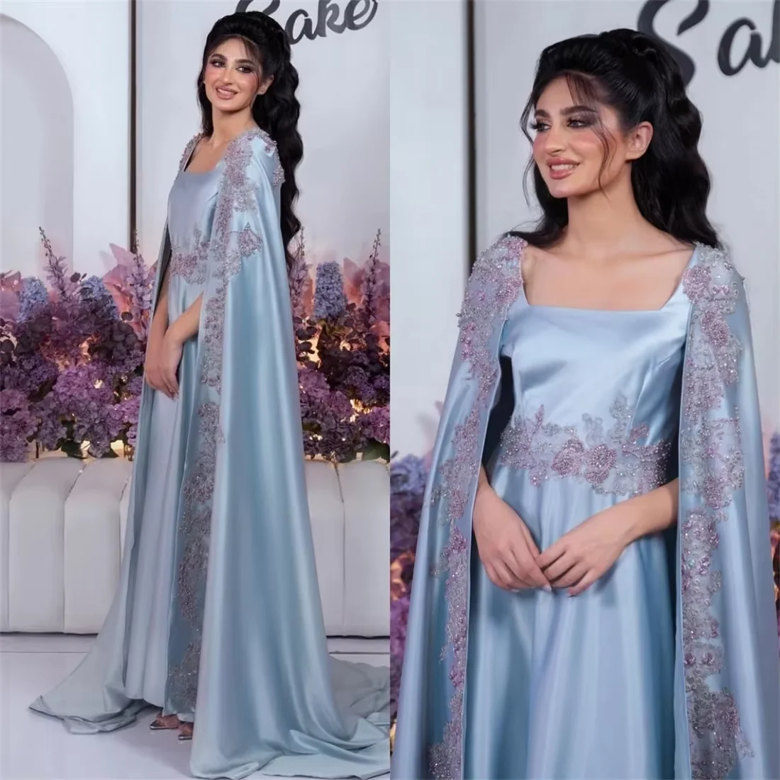 Customized Appliques A-line Satin Evening Dresses With Cloak Bridesmaid Party Dress Arabia Square Neck Prom Formal Gown
Customized Appliques A-line Satin Evening Dresses With Cloak Bridesmaid Party Dress Arabia Square Neck Prom Formal Gown