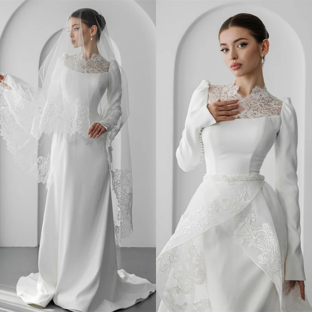 Customized Exquisite White Satin Bridal Gowns Elegant Crew Neck Long Sleeves Wedding Dresses Chapel Train Robe de mariée 
Customized Exquisite White Satin Bridal Gowns Elegant Crew Neck Long Sleeves Wedding Dresses Chapel Train Robe de mariée