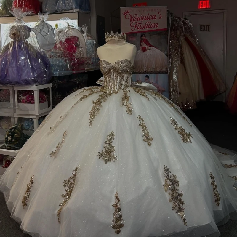 Ivory Shiny Quinceanera Dresses Ball Gown Off The Shoulder Gold Applique Lace Beading Bow Tull Corset Party Birthday Sweet 16
Ivory Shiny Quinceanera Dresses Ball Gown Off The Shoulder Gold Applique Lace Beading Bow Tull Corset Party Birthday Sweet 16