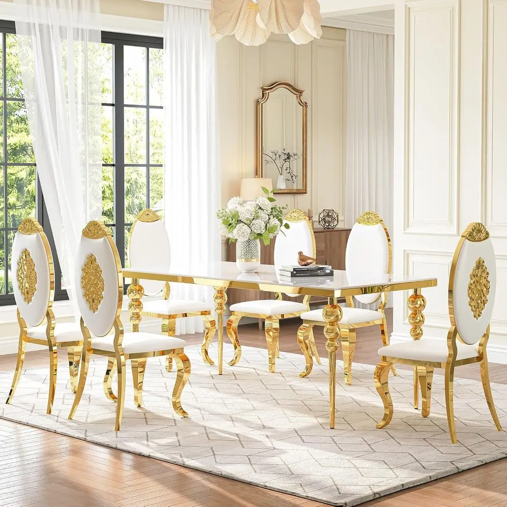 7-Piece White Glass Dining Set for 6 with Carved Back Chairs, Suitable for Home, Dining Room, and Large Gatherings
7-Piece White Glass Dining Set for 6 with Carved Back Chairs, Suitable for Home, Dining Room, and Large Gatherings