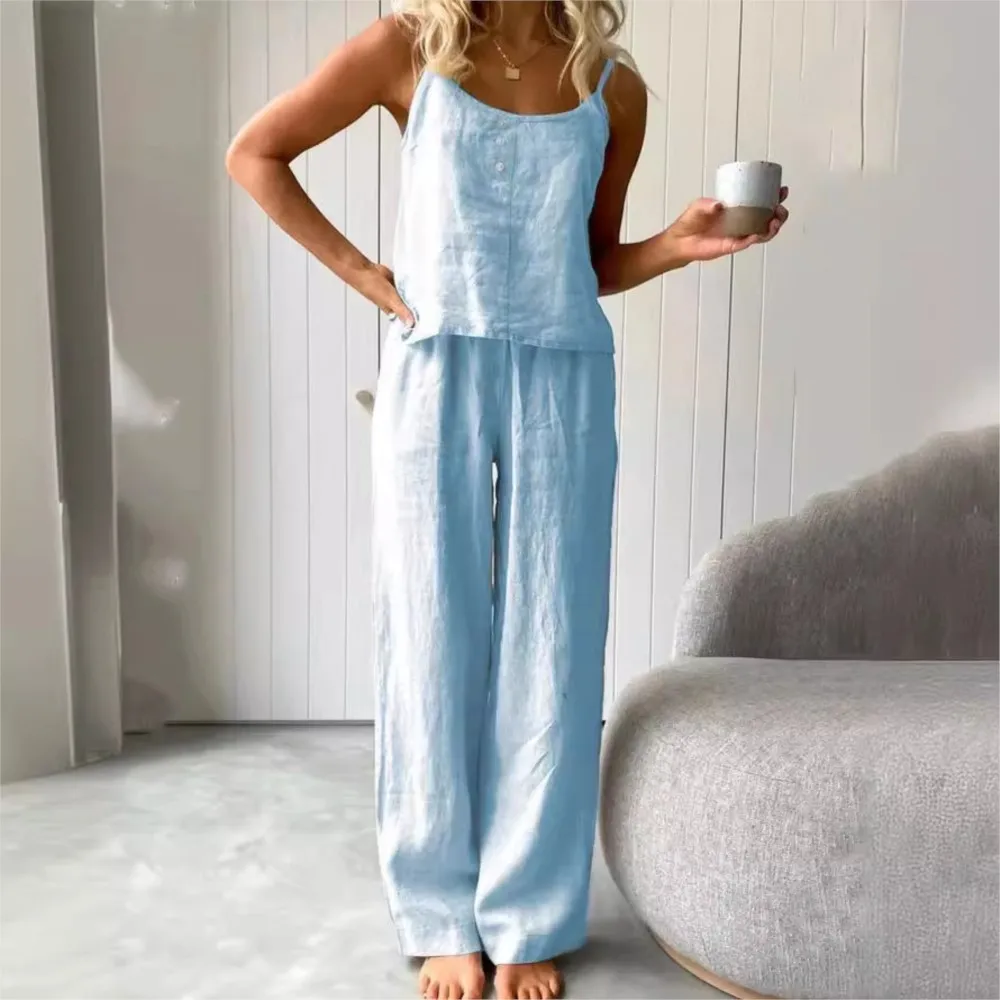 Casual Cotton Linen Sleeveless Strappy Long Pants 2 Piece Set Women Summer Female Fashion Loose Simple Home Wear Long Pants Set
Casual Cotton Linen Sleeveless Strappy Long Pants 2 Piece Set Women Summer Female Fashion Loose Simple Home Wear Long Pants Set
