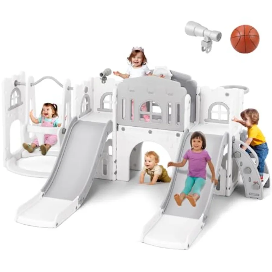 10 in 1 Toddler Slide Double Kid Climber Slide Playset w/Swing Basketball Hoop Telescope Tunnel Storage Space and Non-Slip Step
10 in 1 Toddler Slide Double Kid Climber Slide Playset w/Swing Basketball Hoop Telescope Tunnel Storage Space and Non-Slip Step