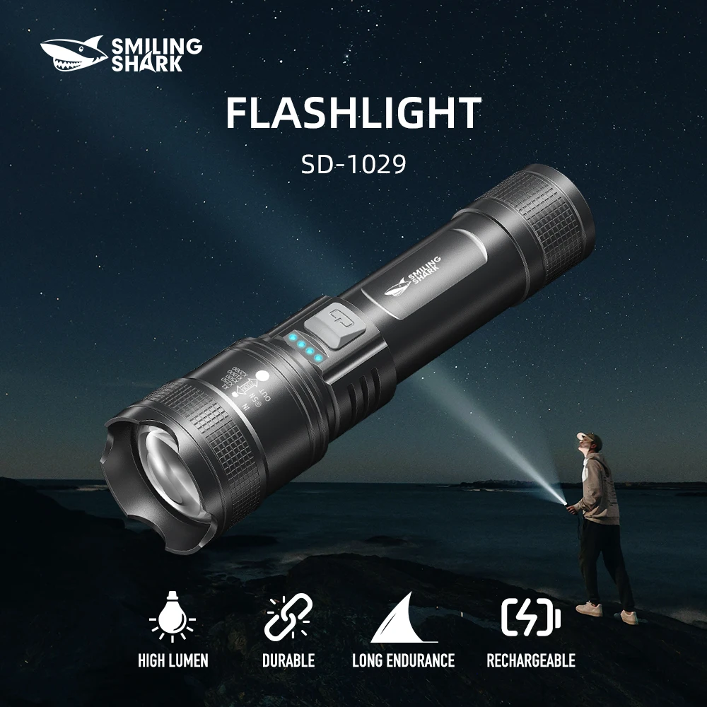 Светодиодный фонарик Smiling Shark SD-1029, супер яркий ручной фонарик, долговечная перезаряжаемая вспышка для улицы
Светодиодный фонарик Smiling Shark SD-1029, супер яркий ручной фонарик, долговечная перезаряжаемая вспышка для улицы