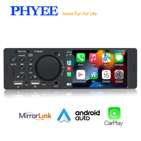 Car Radio 1Din 4" Apple CarPlay Android-Auto, Hands-Free Bluetooth Mirrorlink Backup Camera In USB/TF/AUX Stereo Headunit F7805C