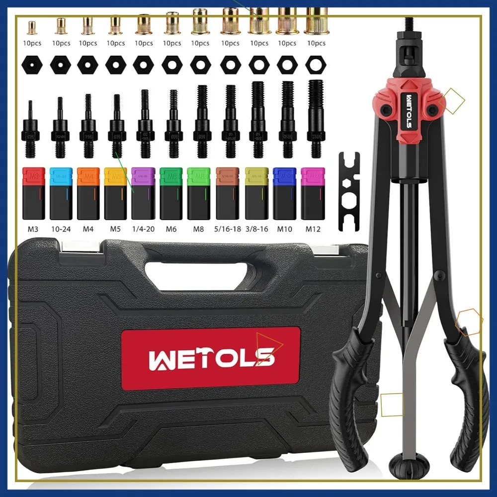 17" Hand Rivet Nut Tool Kit, 110pcs Rivnuts, M3-M12 & SAE, Auto Release, Sturdy Case
17" Hand Rivet Nut Tool Kit, 110pcs Rivnuts, M3-M12 & SAE, Auto Release, Sturdy Case