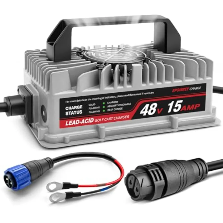 Golf cart battery charger, lead acid, black, 15 AMP 48 Volt with ring terminals plug for onboard use
Golf cart battery charger, lead acid, black, 15 AMP 48 Volt with ring terminals plug for onboard use