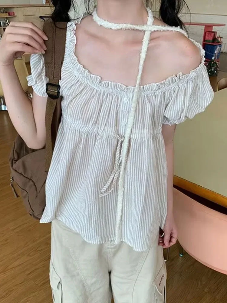 Shirts Women Bandage Loose Puff Short Sleeve Striped Slash Neck Vintage Sweet Blouse Elegant Summer Fashion Female Tops
Shirts Women Bandage Loose Puff Short Sleeve Striped Slash Neck Vintage Sweet Blouse Elegant Summer Fashion Female Tops
