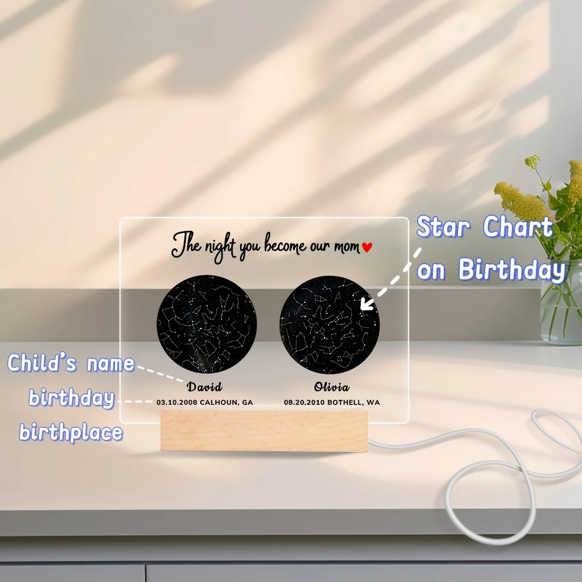 Custom Birthday Star Chart Square 2D Wooden Base Night Light Mother's Day Gift, Birthday Gift, Bedroom Decoration Home Decor
Custom Birthday Star Chart Square 2D Wooden Base Night Light Mother's Day Gift, Birthday Gift, Bedroom Decoration Home Decor