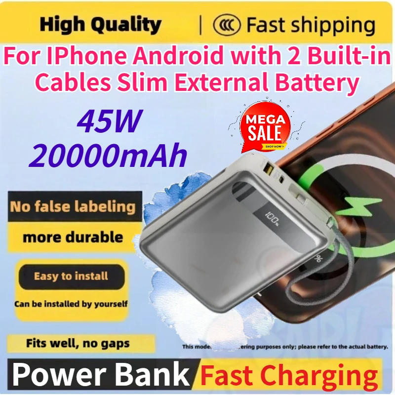 20000mAh 45W PD QC Mini Power Bank Fast Charging with 2 Built-in Cables Slim External Battery for Phones Android IPhone Portable
20000mAh 45W PD QC Mini Power Bank Fast Charging with 2 Built-in Cables Slim External Battery for Phones Android IPhone Portable