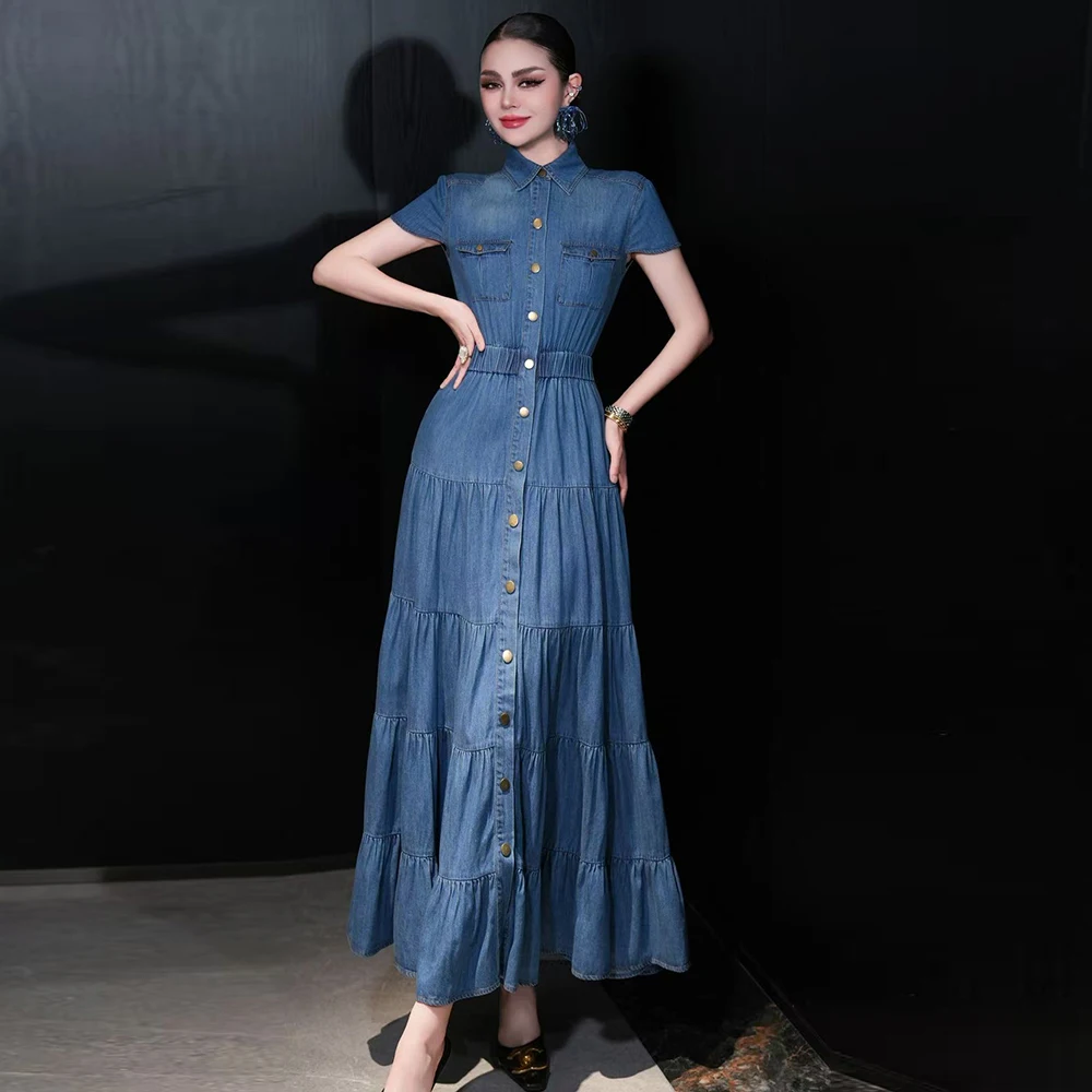 ZJYT Summer Fashion Denim Long Dresses for Women Turn Down Collar Elastic Waist Single Breasted Casual Blue Vacation Dresses New
ZJYT Summer Fashion Denim Long Dresses for Women Turn Down Collar Elastic Waist Single Breasted Casual Blue Vacation Dresses New