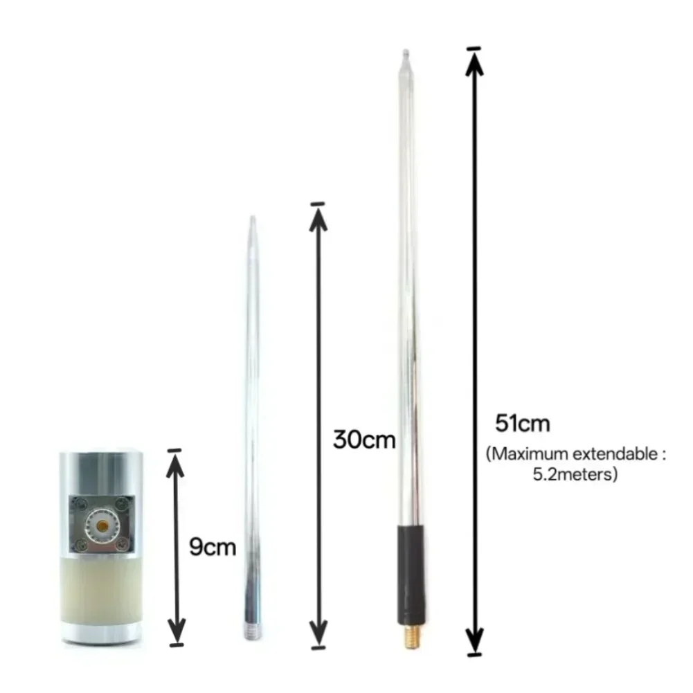 Telescopic 5.6m antenna kit for GP with grounding peg and base assembly supporting 14 50MHz frequency bands with M10 interface
Telescopic 5.6m antenna kit for GP with grounding peg and base assembly supporting 14 50MHz frequency bands with M10 interface
