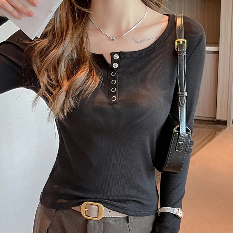 Fanan Button Up Round Neck Pullovers Women Spring Autumn Basic Long Sleeve Tshirt Woman Solid Color Slim Fit Bottoming Shirt
Fanan Button Up Round Neck Pullovers Women Spring Autumn Basic Long Sleeve Tshirt Woman Solid Color Slim Fit Bottoming Shirt