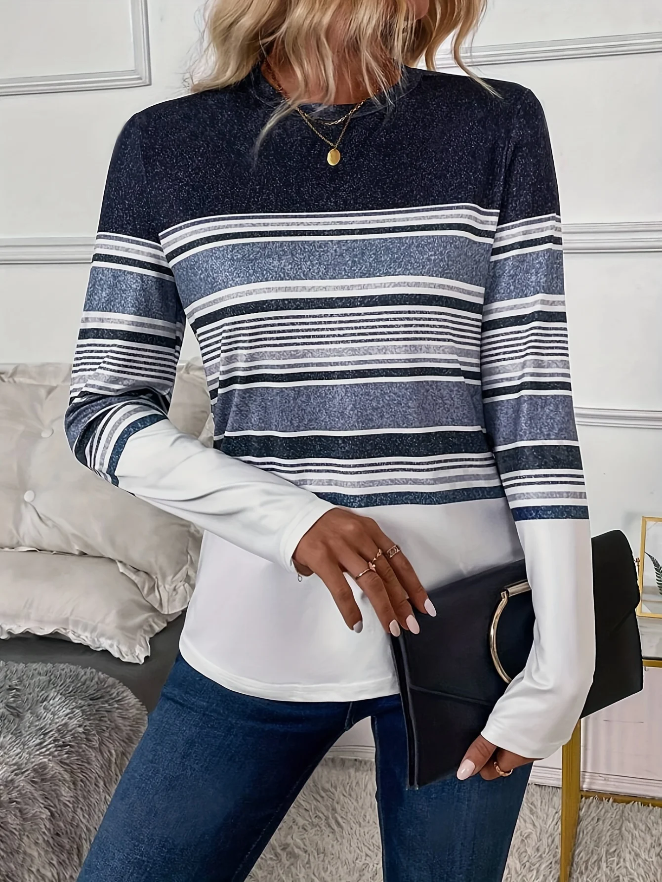 Women's Versatile Striped Bottoming Shirt Contrasting Color Long-Sleeved Top
Women's Versatile Striped Bottoming Shirt Contrasting Color Long-Sleeved Top