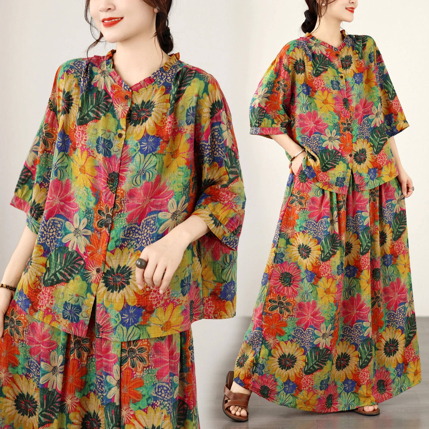 Summer New Vintage Print Set Cotton Linen Half Skirt Top Two-Piece Set Women's Clothing Commute Style Short Sleeve Cardigan
Summer New Vintage Print Set Cotton Linen Half Skirt Top Two-Piece Set Women's Clothing Commute Style Short Sleeve Cardigan