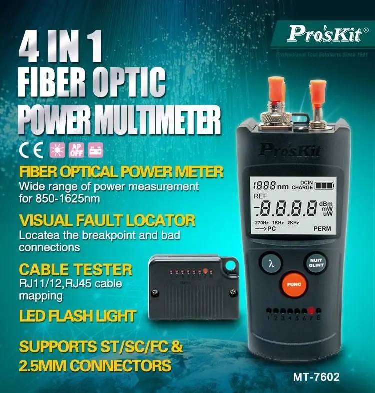 Proskit MT-7602-C 4-in-1 fiber power meter/Laser fiber test/Network cable tester
Proskit MT-7602-C 4-in-1 fiber power meter/Laser fiber test/Network cable tester