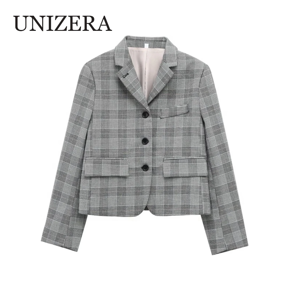 UNIZERA women's loose fitting top with collar long sleeves button pockets checkered autumn and winter style suit jacket
UNIZERA women's loose fitting top with collar long sleeves button pockets checkered autumn and winter style suit jacket