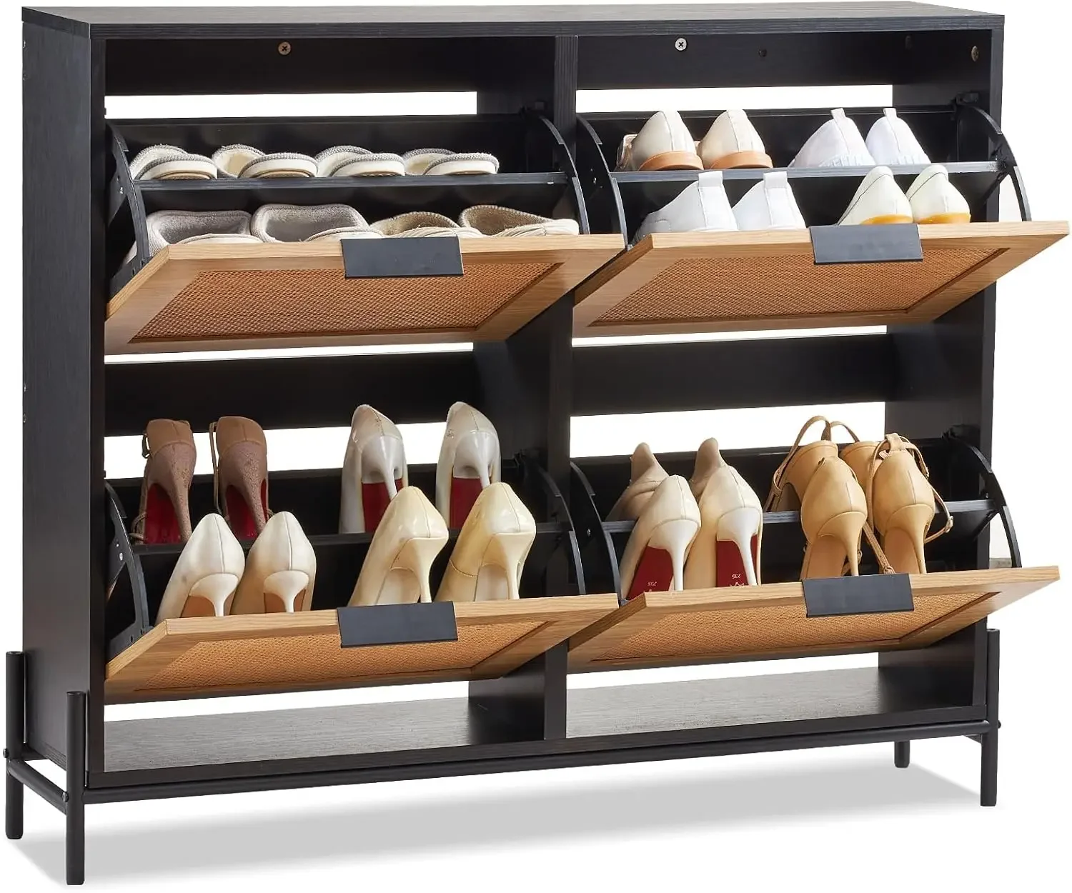 Rattan Shoe Cabinet, Narrow Shoe Storage Organizer with 4 Flip Drawers, Slim Shoe Entryway Storage Cabinet with Metal Legs
Rattan Shoe Cabinet, Narrow Shoe Storage Organizer with 4 Flip Drawers, Slim Shoe Entryway Storage Cabinet with Metal Legs