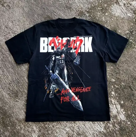 Berserk Guts Anime BlackTee Sword Wind Legend Katz Japanese Street Wear Short T-Shirt Pure Cotton Unisex Parent-child Clothing
