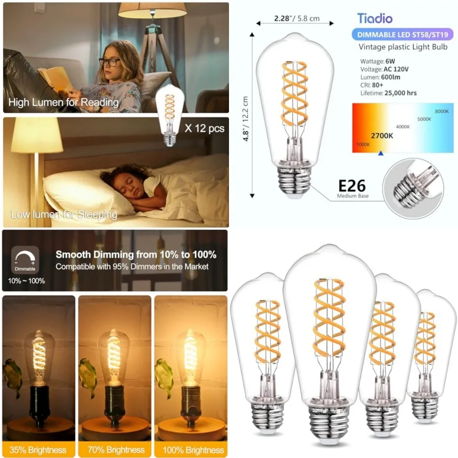 4-Pack Vintage LED Edison Bulbs 60W Equivalent- ST58/ST19 6W E26 Dimmable Light Bulbs, 2700K Filament Decorative Bulb, Shatterp
4-Pack Vintage LED Edison Bulbs 60W Equivalent- ST58/ST19 6W E26 Dimmable Light Bulbs, 2700K Filament Decorative Bulb, Shatterp