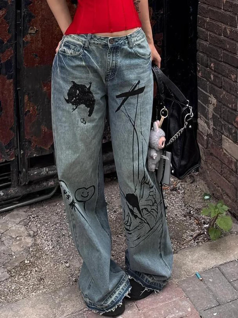 Women's Washed Blue Graffiti Printed Jeans Y2k 2000s American Large Size High Waist Straight Loose Pants Street Jeans 90s Clothe
Women's Washed Blue Graffiti Printed Jeans Y2k 2000s American Large Size High Waist Straight Loose Pants Street Jeans 90s Clothe