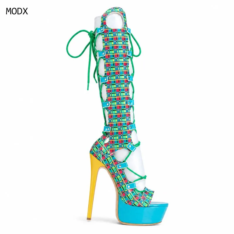 Women Colorful Plaid Cutout Lace Up Knee High Platform Gladiator Sandals Open Toe Stiletto Heel Party Stage Club Dress Shoes 44
Women Colorful Plaid Cutout Lace Up Knee High Platform Gladiator Sandals Open Toe Stiletto Heel Party Stage Club Dress Shoes 44