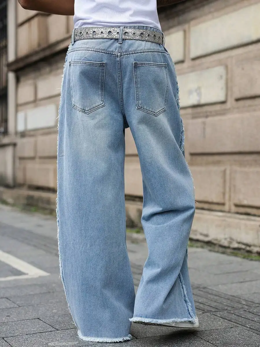 Mens Wide Leg Frayed Hem Distressed Jeans Loose Baggy Street Style Blue Denim
Mens Wide Leg Frayed Hem Distressed Jeans Loose Baggy Street Style Blue Denim