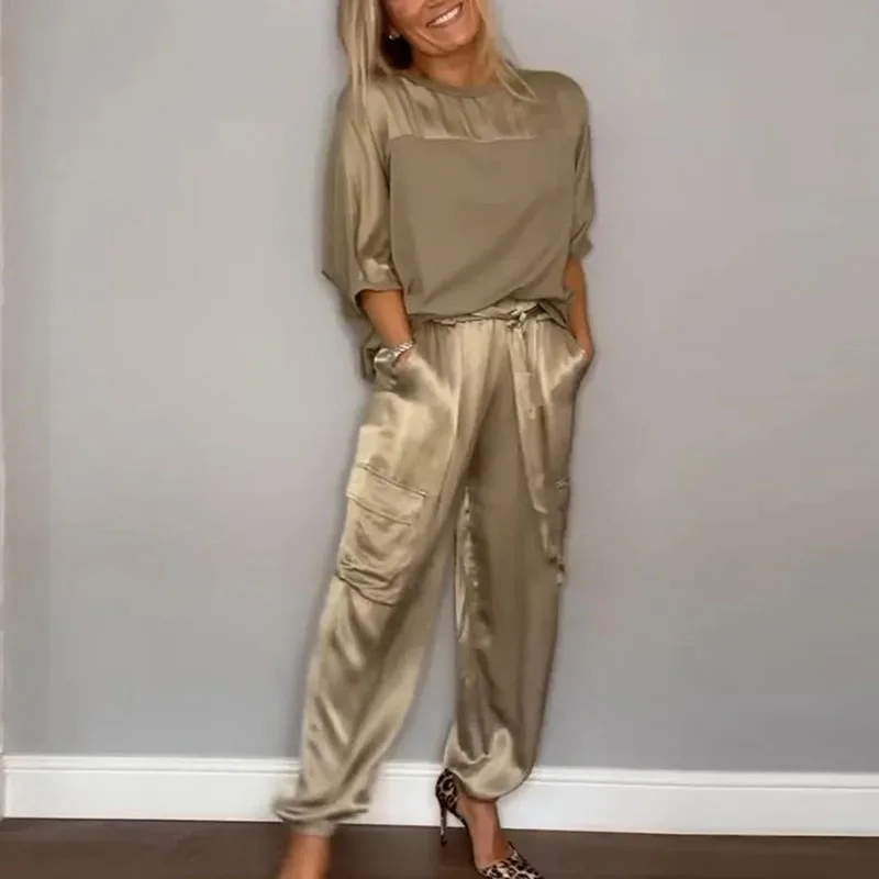 2024 Spring Summer Smooth Satin 2pcs Sets Women O Neck Half Sleeve Top & Tie-up Pants Outfits Casual Patchwork Loose Female Suit
2024 Spring Summer Smooth Satin 2pcs Sets Women O Neck Half Sleeve Top & Tie-up Pants Outfits Casual Patchwork Loose Female Suit