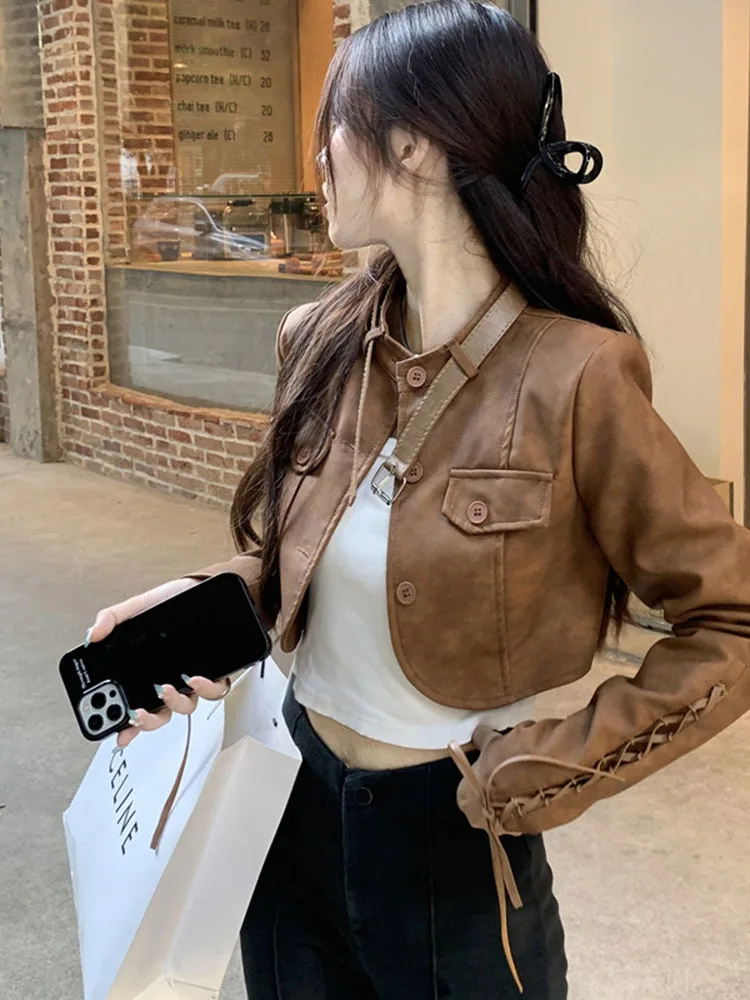 Women Jacket 2024 Autumn Spring Fashion New Versatile American Style Vintage Hot Stand Collar PU Small Short Jacket Top Trend
Women Jacket 2024 Autumn Spring Fashion New Versatile American Style Vintage Hot Stand Collar PU Small Short Jacket Top Trend