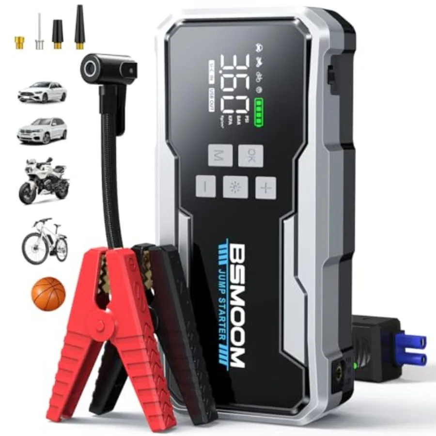 8000A Jump Starter with Air Compressor 26800mAh 160PSI Portable Jump Starter Battery Pack for All Gas 12L Diesel Car with 3.4 L
8000A Jump Starter with Air Compressor 26800mAh 160PSI Portable Jump Starter Battery Pack for All Gas 12L Diesel Car with 3.4 L