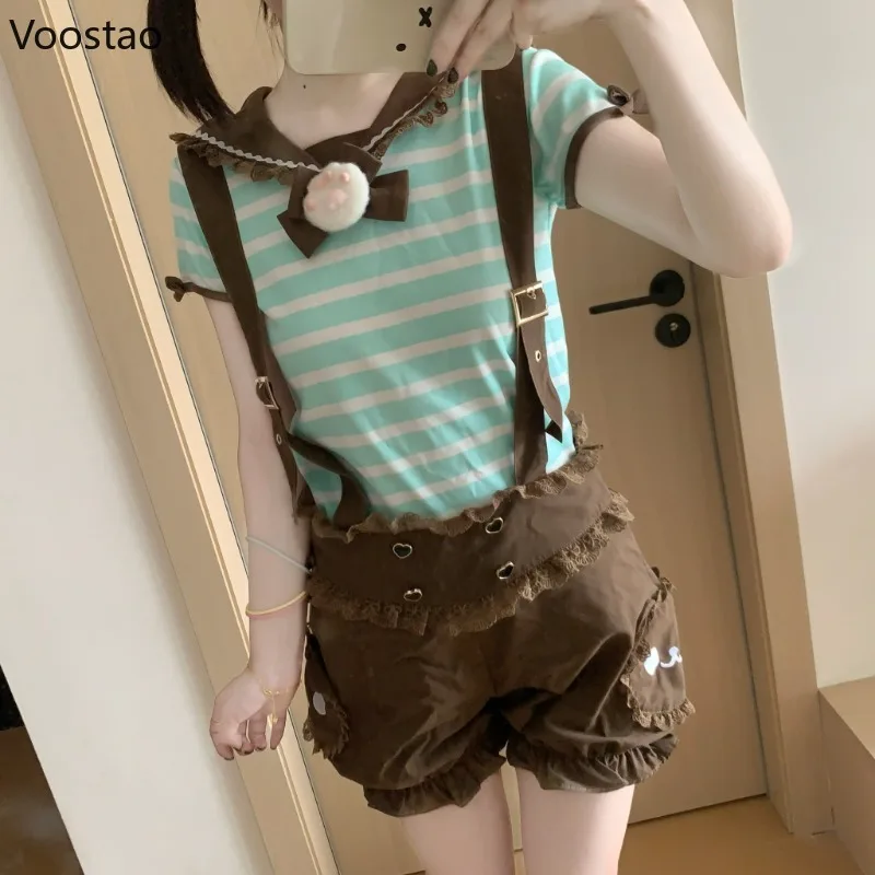 Japanese Kawaii Lolita Sweet 2 Piece Set Women Cute Cat Paw Bow Striped T-shirt Cartoon Bear Strap Shorts Girls Korean Y2k Suits
Japanese Kawaii Lolita Sweet 2 Piece Set Women Cute Cat Paw Bow Striped T-shirt Cartoon Bear Strap Shorts Girls Korean Y2k Suits