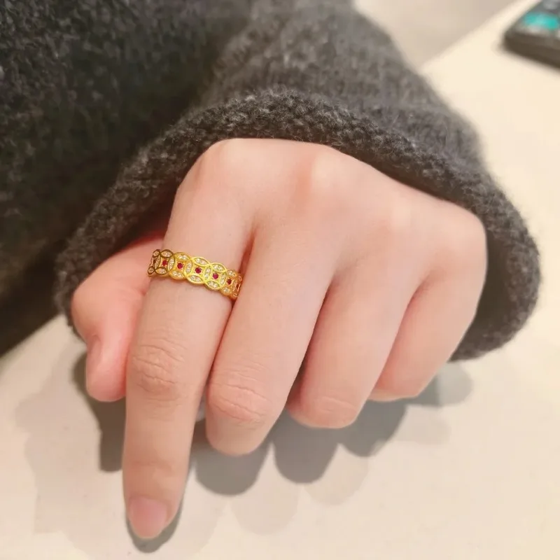 Yellow Gold Point Diamond Ruby Tang Chao Gold Coin Ring Women's Retro Style Expensive and Elegant Copper Coin Index Finger Ring
Yellow Gold Point Diamond Ruby Tang Chao Gold Coin Ring Women's Retro Style Expensive and Elegant Copper Coin Index Finger Ring