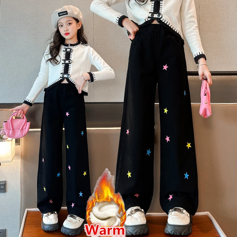 Tween Girls Black Winter Jeans with Star Embroidered Wide Leg Elastic Waist Thermal Denim Pants with Fleece Lined for Kids Child
Tween Girls Black Winter Jeans with Star Embroidered Wide Leg Elastic Waist Thermal Denim Pants with Fleece Lined for Kids Child