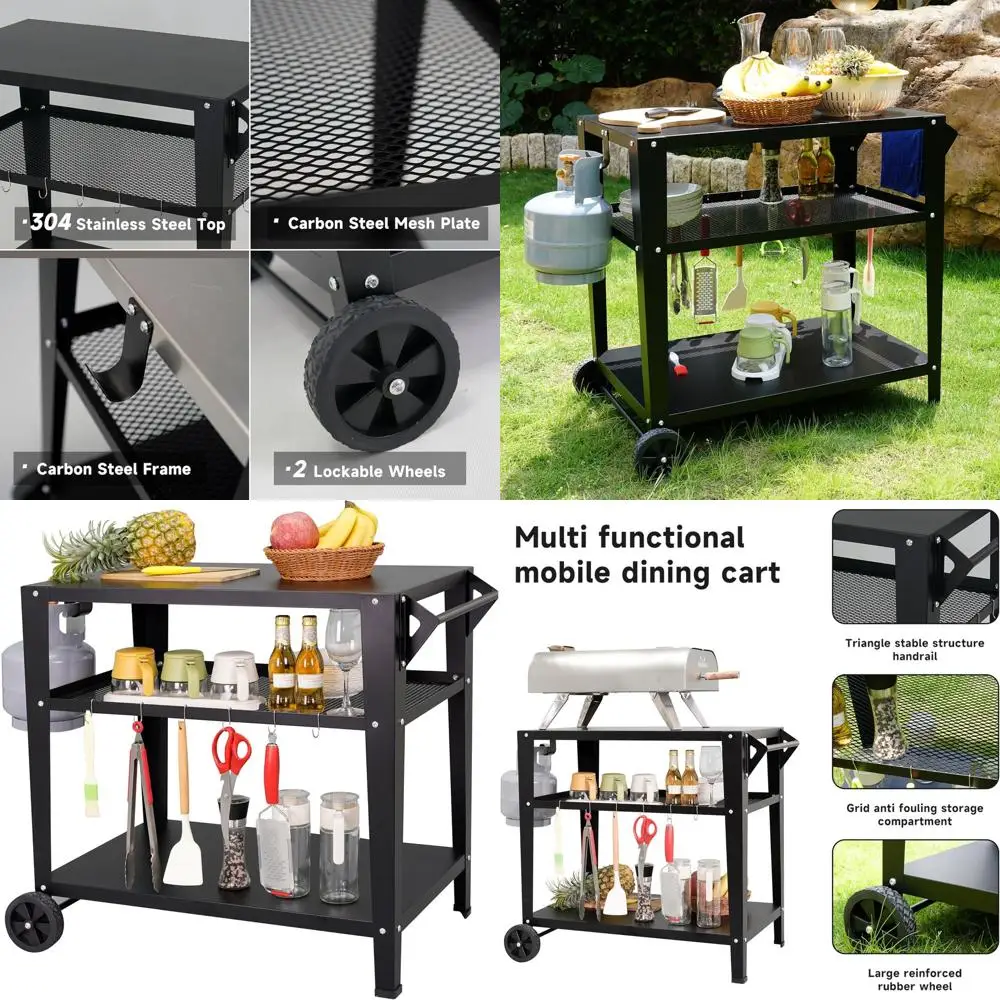 Durable Outdoor 3-Tier Grill Cart with Wheels, BBQ Prep Table, and Tool Hooks
Durable Outdoor 3-Tier Grill Cart with Wheels, BBQ Prep Table, and Tool Hooks