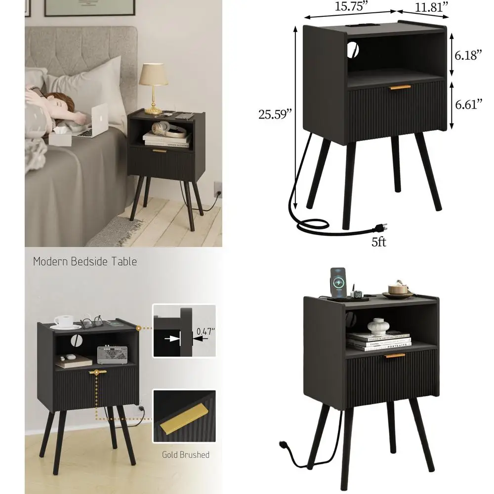 Contemporary Wood Nightstand with Outlet, Storage Drawer, and Shelf for Bedroom, Living Room, and Compact Spaces
Contemporary Wood Nightstand with Outlet, Storage Drawer, and Shelf for Bedroom, Living Room, and Compact Spaces