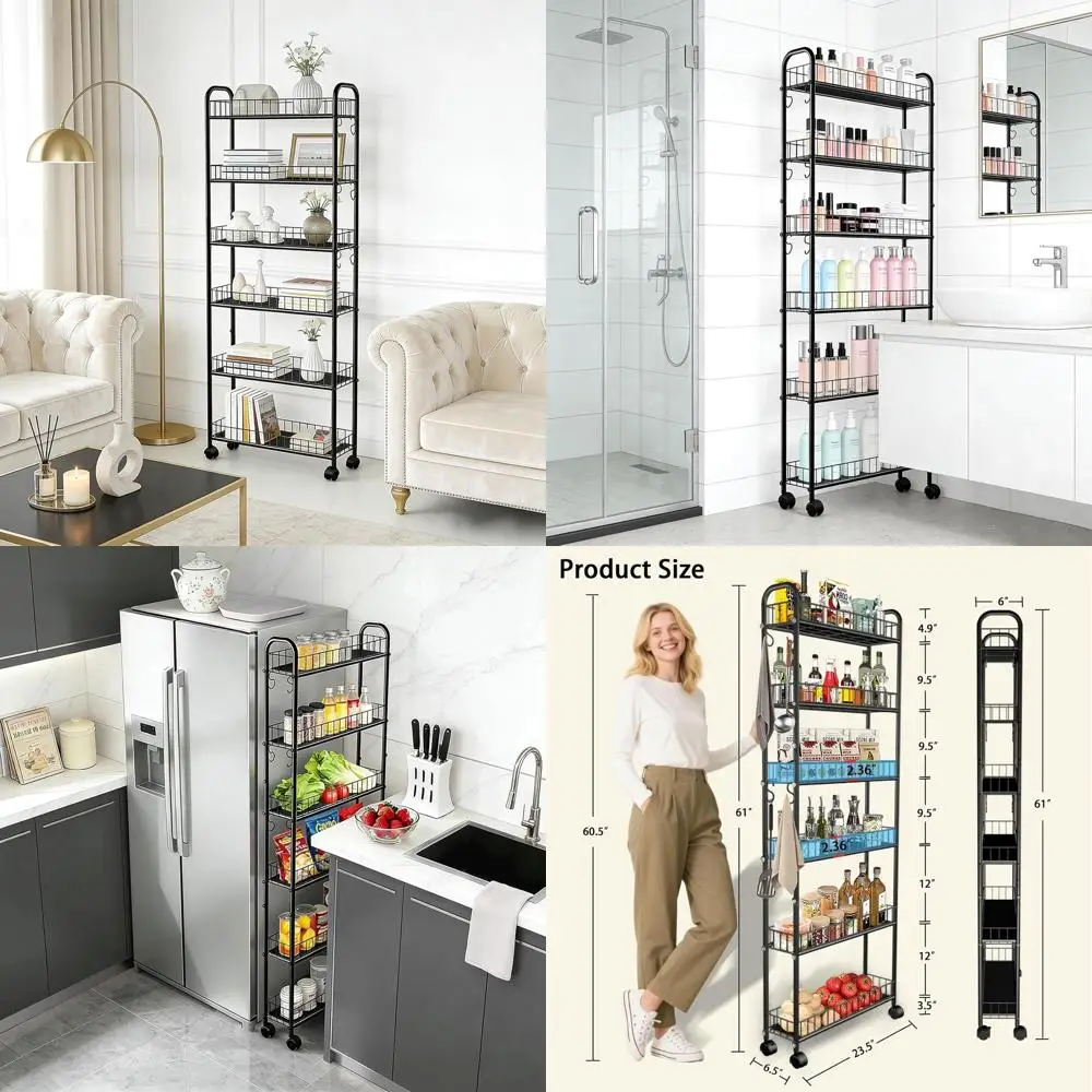 6-Tier Rolling Storage Cart, 6in Wide, Black, Perfect for Kitchen, Bathroom, Laundry Room
6-Tier Rolling Storage Cart, 6in Wide, Black, Perfect for Kitchen, Bathroom, Laundry Room