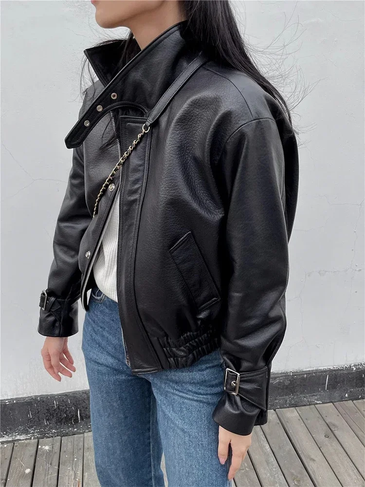 Black Short Genuine Leather Motorcycle Jackets for Women Spring Autumn 2026 New High-end Simple Soft Bubble Real Sheepskin Coat
Black Short Genuine Leather Motorcycle Jackets for Women Spring Autumn 2026 New High-end Simple Soft Bubble Real Sheepskin Coat