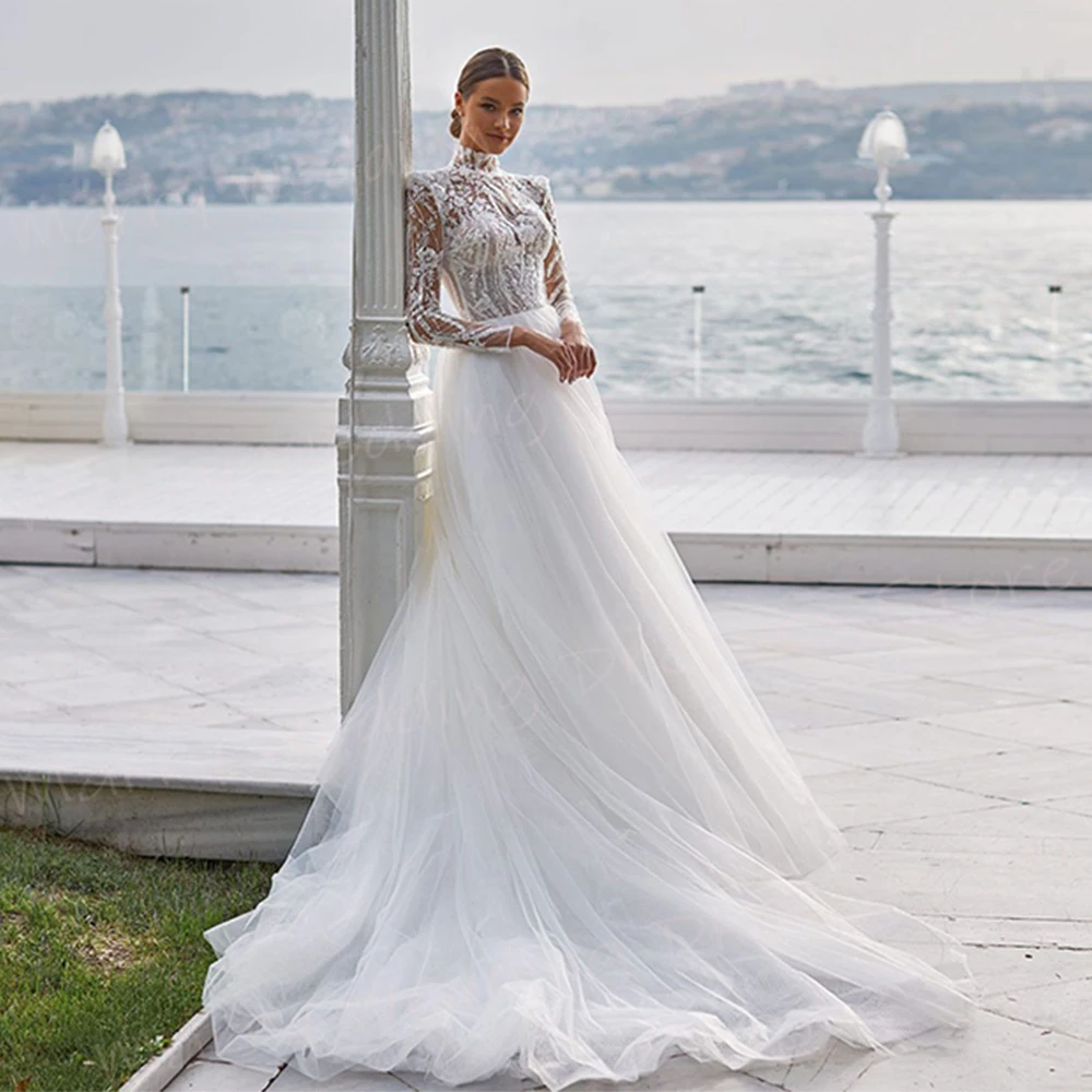 Pretty Exquisite A Line Women's Wedding Dresses Classic Lace Appliques Bride Gowns High Neck Long Sleeve Beach Vestidos De Novia
Pretty Exquisite A Line Women's Wedding Dresses Classic Lace Appliques Bride Gowns High Neck Long Sleeve Beach Vestidos De Novia